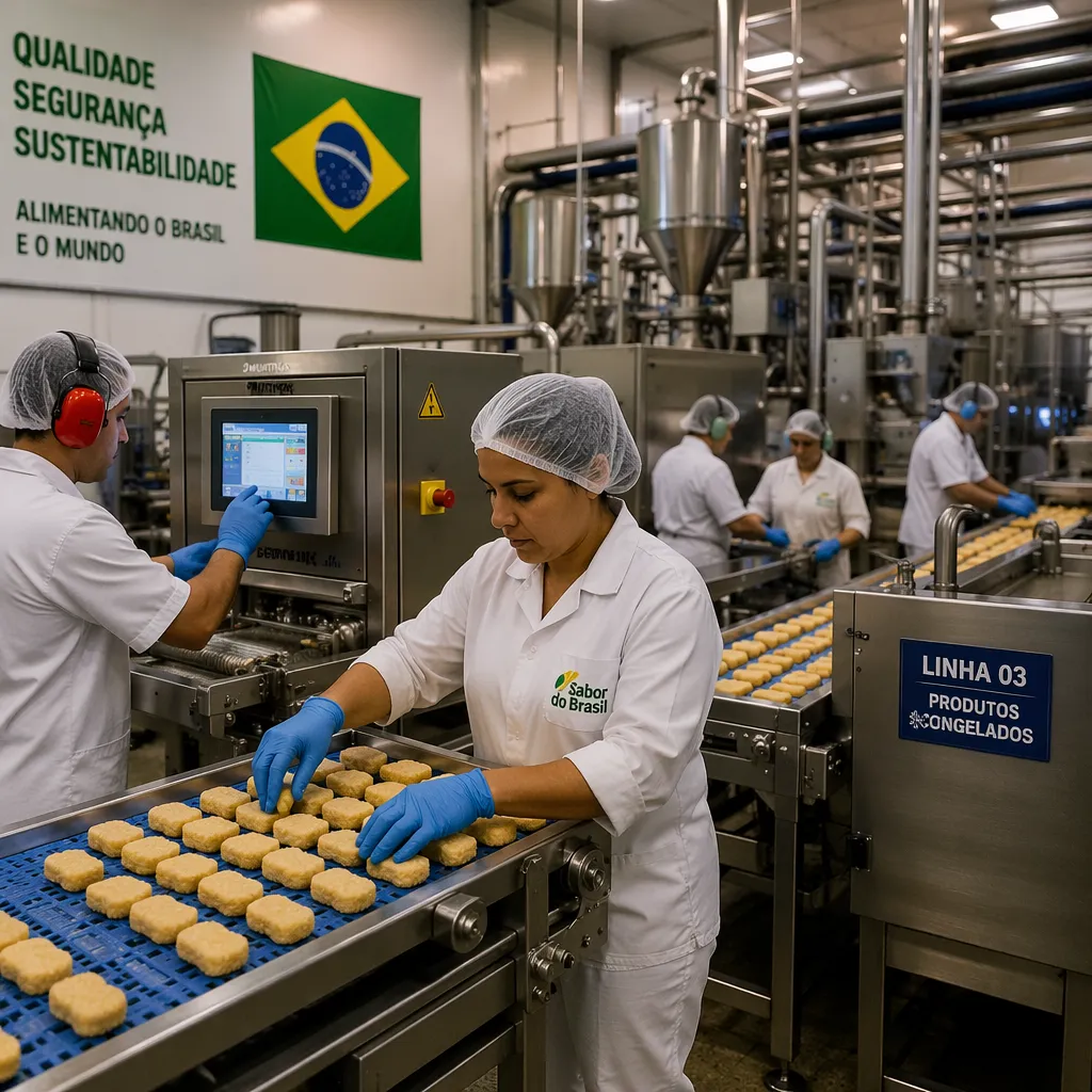 Linha de produção industrial de alimentos com equipamentos em aço inox